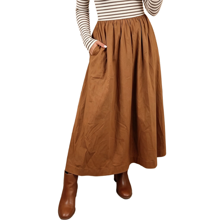 Brown Stripe Ribbed Knit Long Sleeve Bodice Contrast Patchwork Flared Dress Dresses/Maxi Dresses