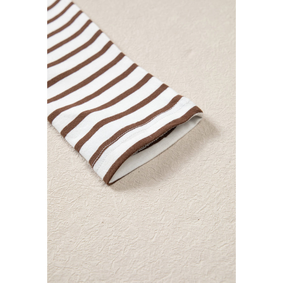 Brown Stripe Ribbed Knit Long Sleeve Bodice Contrast Patchwork Flared Dress Dresses/Maxi Dresses