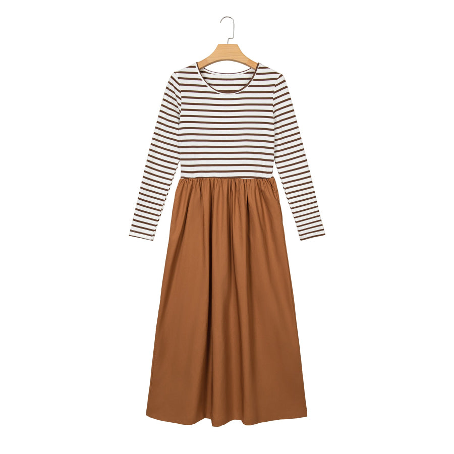 Brown Stripe Ribbed Knit Long Sleeve Bodice Contrast Patchwork Flared Dress Dresses/Maxi Dresses