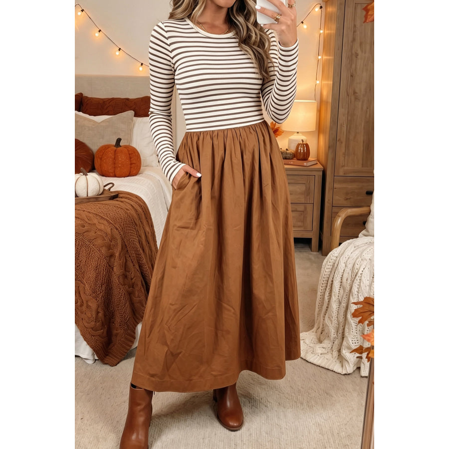Brown Stripe Ribbed Knit Long Sleeve Bodice Contrast Patchwork Flared Dress Brown Stripe / S Dresses/Maxi Dresses