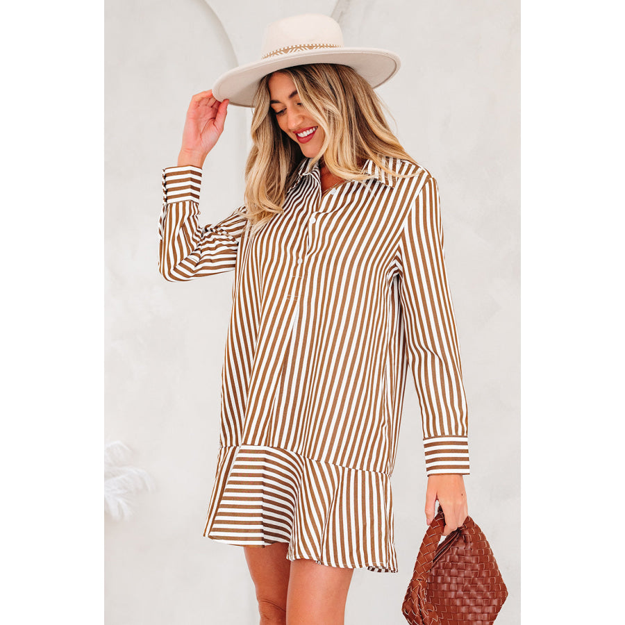 Brown Stripe Ruffled Hem Collared Long Sleeve Shirt Mini Dress Dresses/Mini Dresses