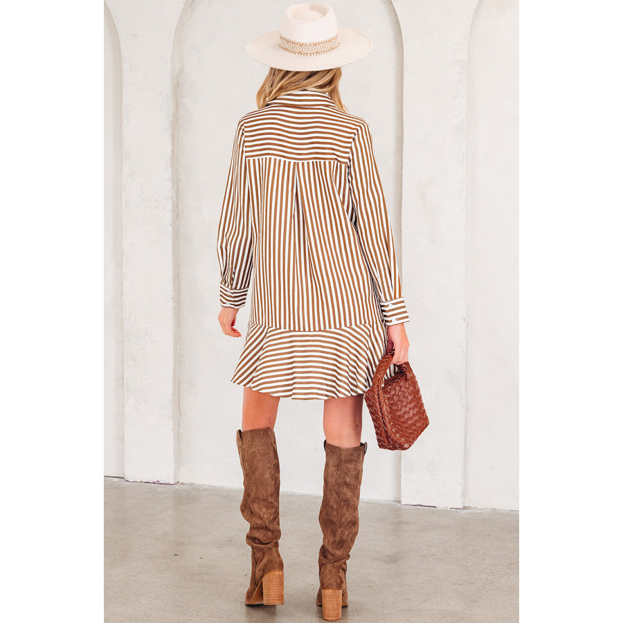 Brown Stripe Ruffled Hem Collared Long Sleeve Shirt Mini Dress Dresses/Mini Dresses