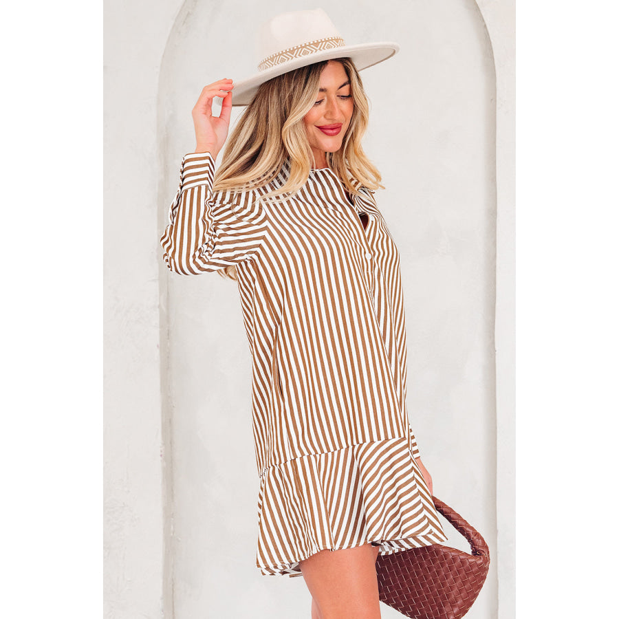 Brown Stripe Ruffled Hem Collared Long Sleeve Shirt Mini Dress Dresses/Mini Dresses