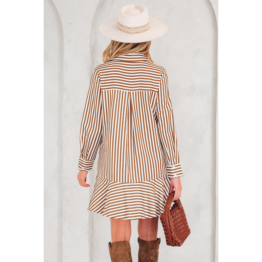 Brown Stripe Ruffled Hem Collared Long Sleeve Shirt Mini Dress Dresses/Mini Dresses