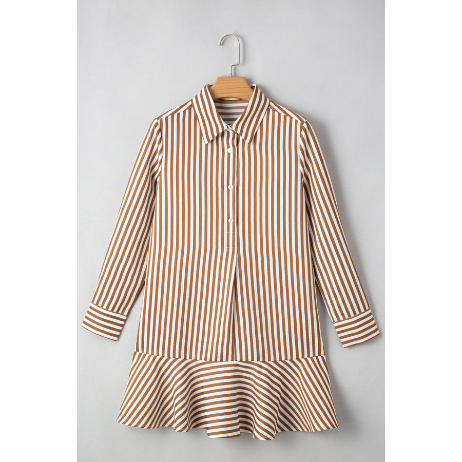 Brown Stripe Ruffled Hem Collared Long Sleeve Shirt Mini Dress Dresses/Mini Dresses