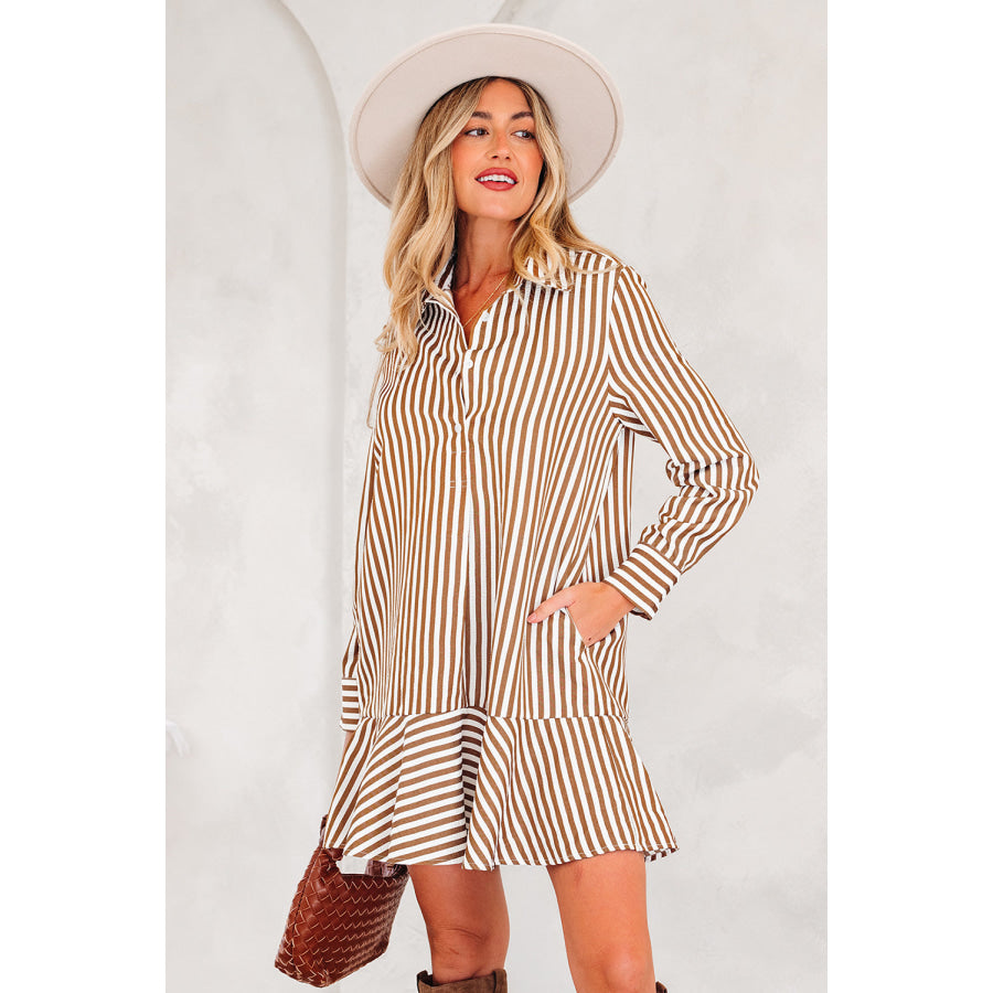 Brown Stripe Ruffled Hem Collared Long Sleeve Shirt Mini Dress Brown Stripe / S / 100% Polyester Dresses/Mini Dresses