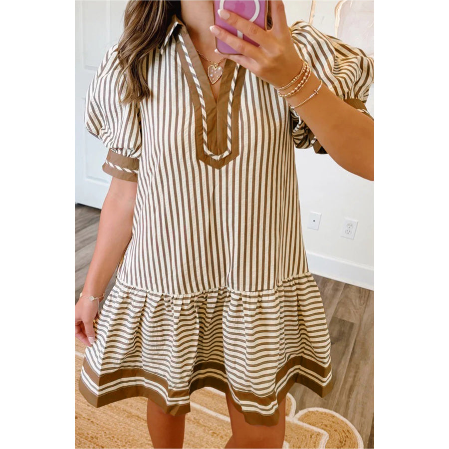 Brown Stripe Shirt Collar Color Block Patchwork Trim Ruffle Hem Short Dress Brown Stripe / S / 50% Polyester + 50% Viscose Dresses/Mini