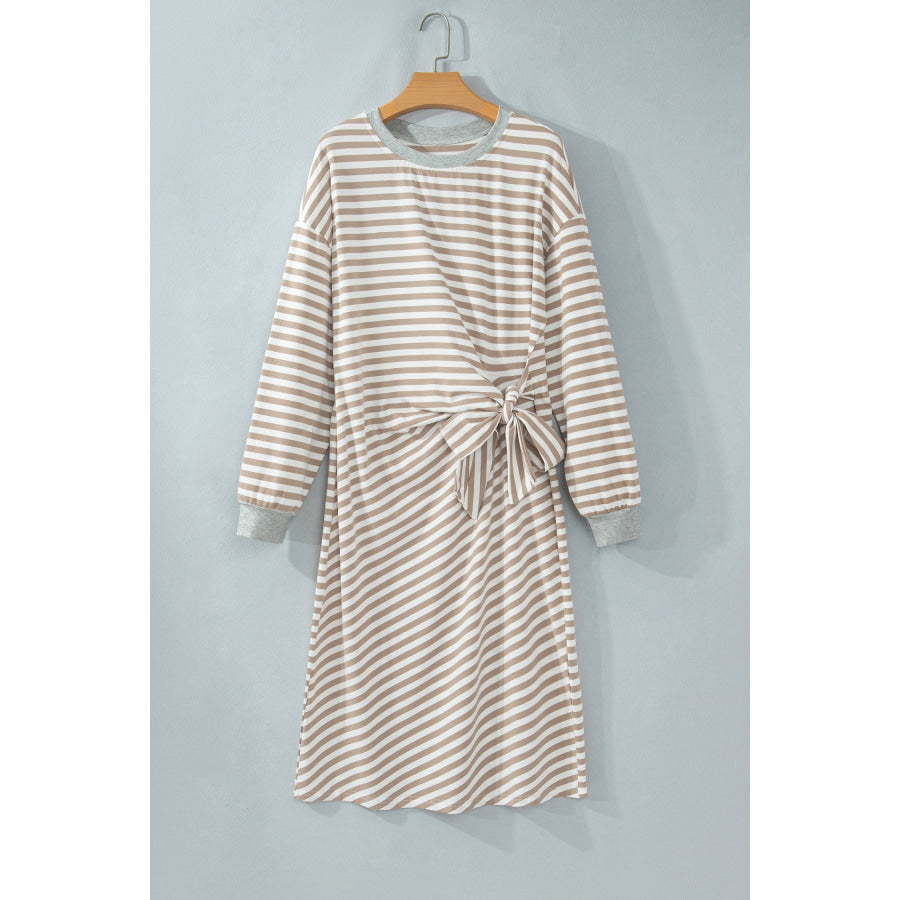 Brown Stripe Striped Colorblock Cuffs Round Neck Long Sleeve Shift Dress Dresses/Mini Dresses