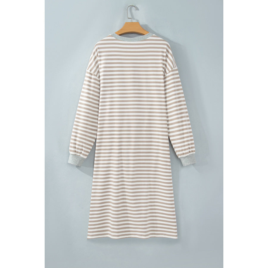 Brown Stripe Striped Colorblock Cuffs Round Neck Long Sleeve Shift Dress Dresses/Mini Dresses
