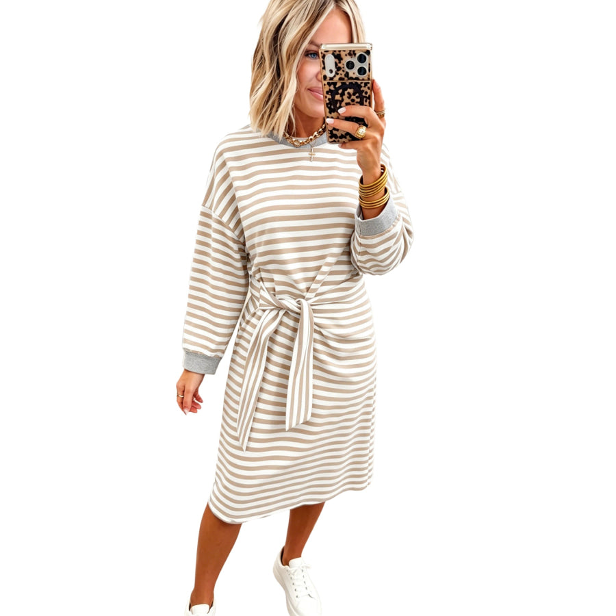 Brown Stripe Striped Colorblock Cuffs Round Neck Long Sleeve Shift Dress Dresses/Mini Dresses