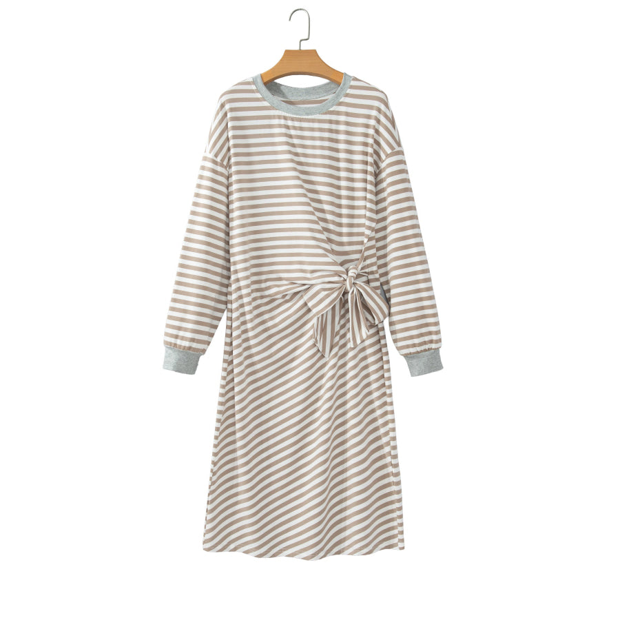 Brown Stripe Striped Colorblock Cuffs Round Neck Long Sleeve Shift Dress Dresses/Mini Dresses