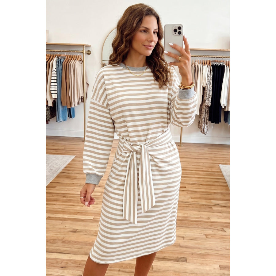 Brown Stripe Striped Colorblock Cuffs Round Neck Long Sleeve Shift Dress Dresses/Mini Dresses