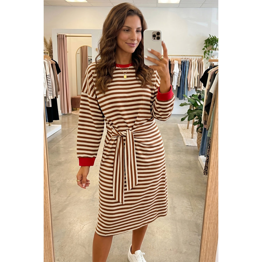 Brown Stripe Striped Colorblock Cuffs Round Neck Long Sleeve Shift Dress / S Dresses/Mini Dresses