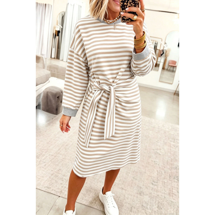 Brown Stripe Striped Colorblock Cuffs Round Neck Long Sleeve Shift Dress Dresses/Mini Dresses
