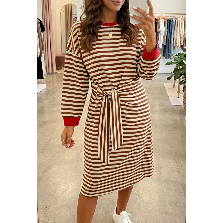 Brown Stripe Striped Colorblock Cuffs Round Neck Long Sleeve Shift Dress / S Dresses/Mini Dresses