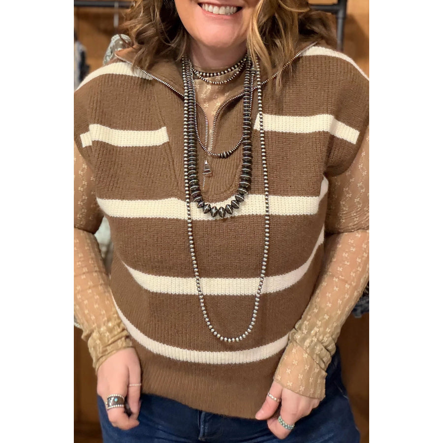 Brown Stripe Striped Colorblock Drop Shoulder V Neck Tunic Sweater T-shirt / 1X / 52% Viscose + 26% Polyester + 22% Polyamide Plus