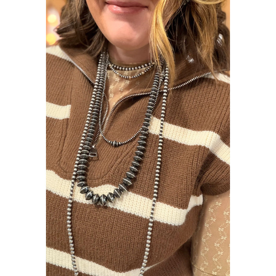 Brown Stripe Striped Colorblock Drop Shoulder V Neck Tunic Sweater T-shirt Plus Size/Plus Size Sweaters & Cardigans