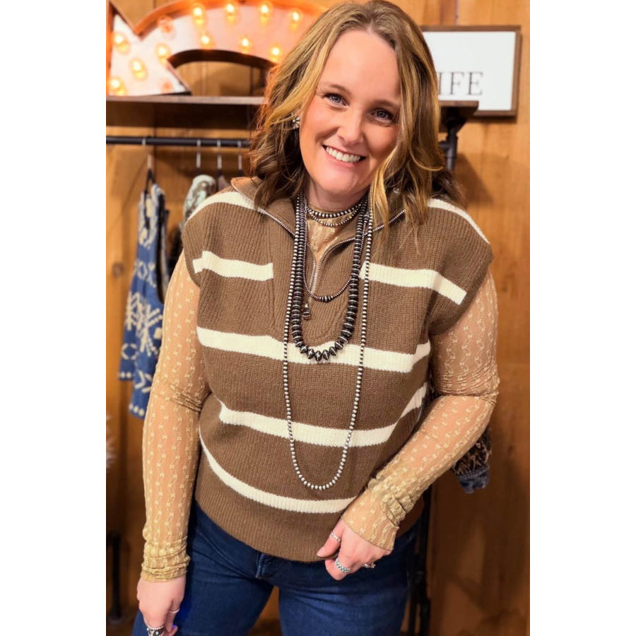 Brown Stripe Striped Colorblock Drop Shoulder V Neck Tunic Sweater T-shirt Plus Size/Plus Size Sweaters & Cardigans