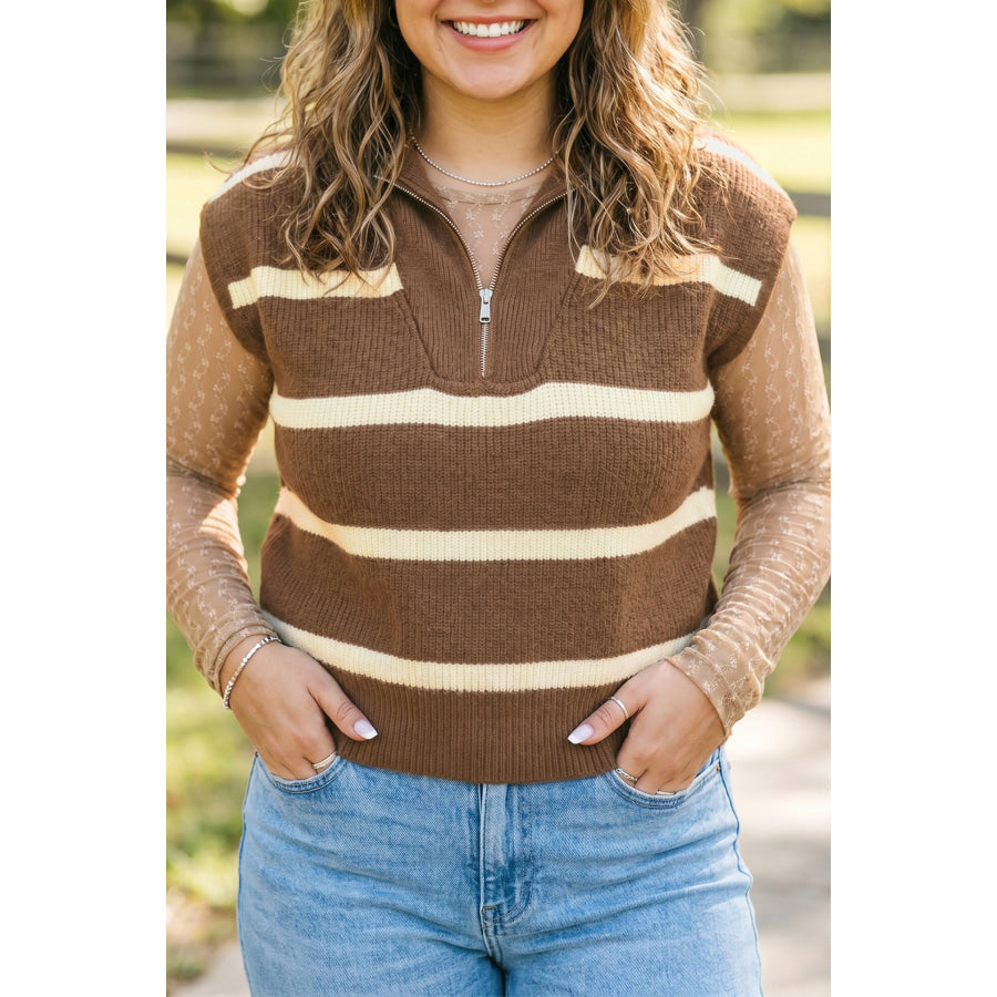 Brown Stripe Striped Colorblock Drop Shoulder V Neck Tunic Sweater T-shirt Plus Size/Plus Size Sweaters & Cardigans