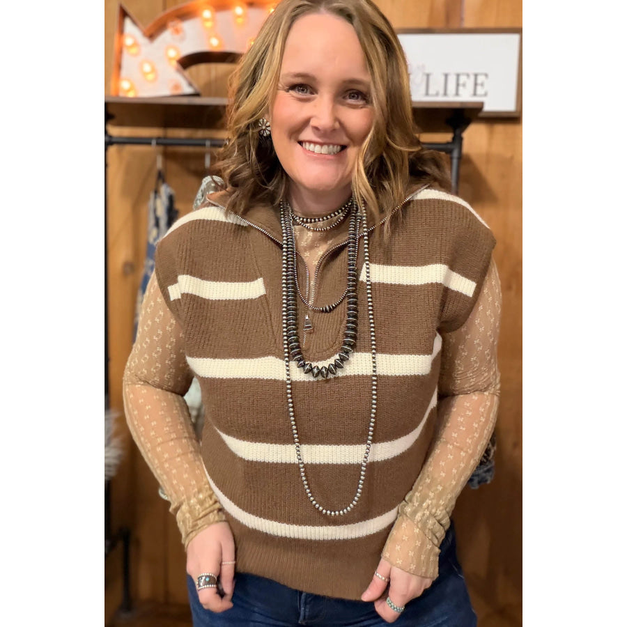 Brown Stripe Striped Colorblock Drop Shoulder V Neck Tunic Sweater T-shirt Plus Size/Plus Size Sweaters & Cardigans