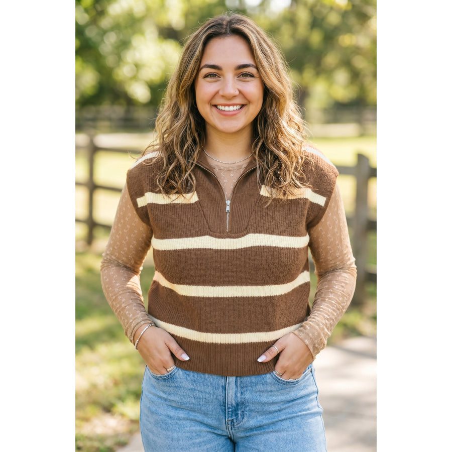 Brown Stripe Striped Colorblock Drop Shoulder V Neck Tunic Sweater T-shirt Plus Size/Plus Size Sweaters & Cardigans