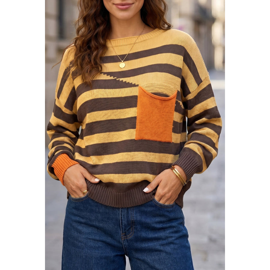 Brown Stripe Striped Drop Shoulder Colorblock Pullover Sweater Brown Stripe / S / 55% Acrylic + 45% Cotton Sweaters & Cardigans/Sweaters