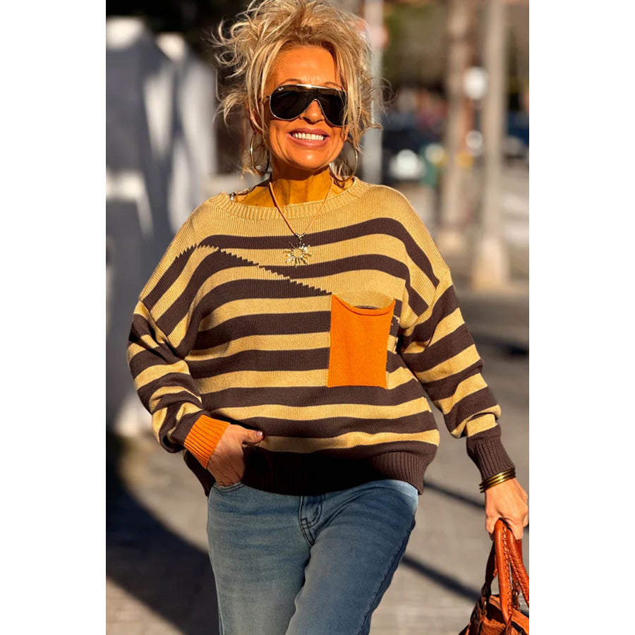 Brown Stripe Striped Drop Shoulder Colorblock Pullover Sweater Sweaters & Cardigans/Sweaters