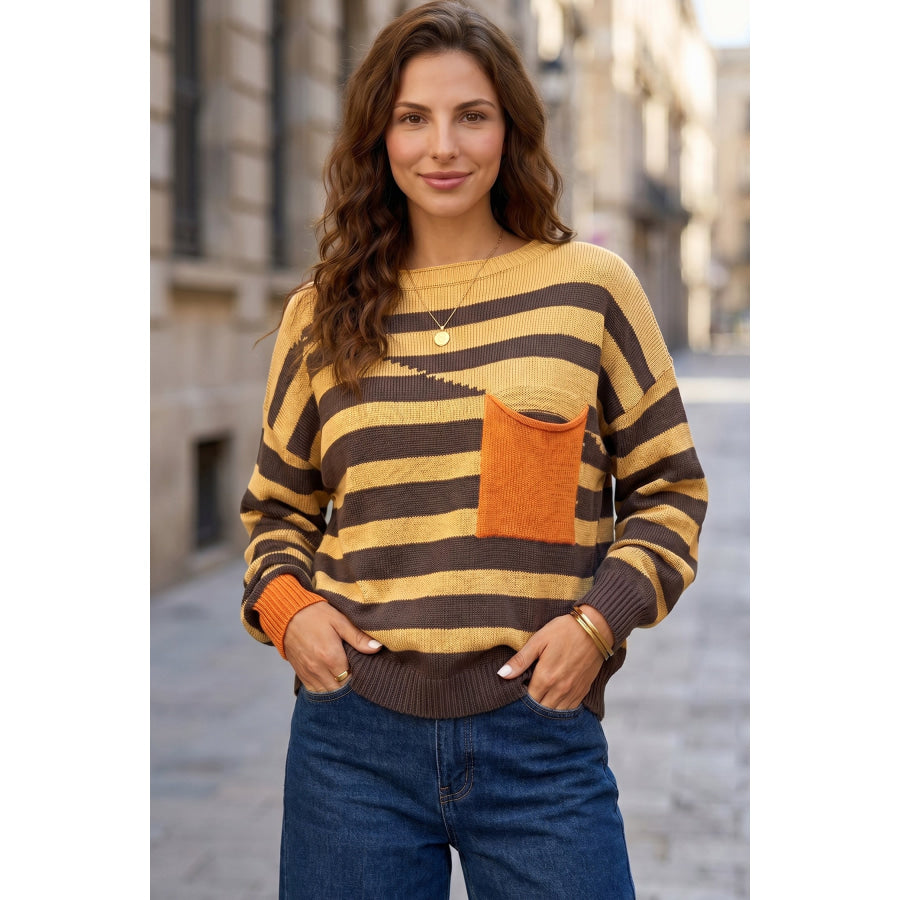 Brown Stripe Striped Drop Shoulder Colorblock Pullover Sweater Brown Stripe / S / 55% Acrylic + 45% Cotton Sweaters & Cardigans/Sweaters