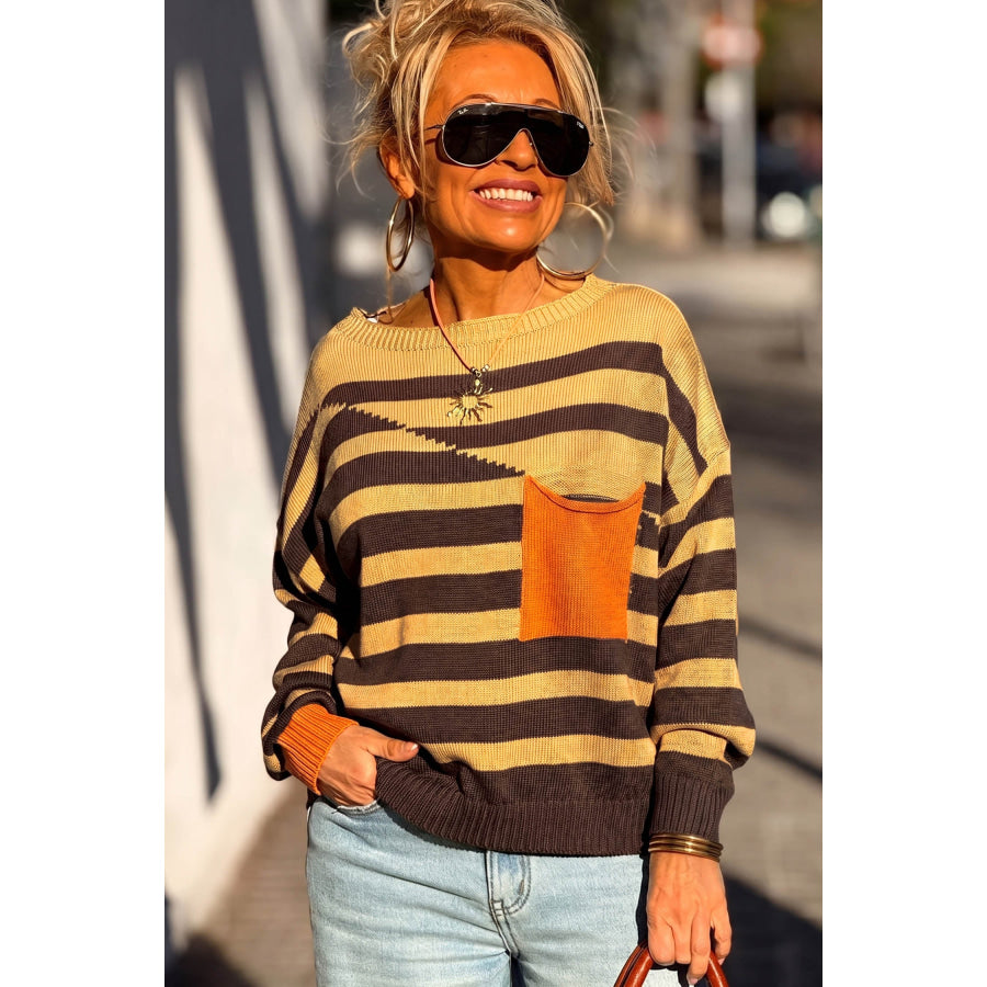 Brown Stripe Striped Drop Shoulder Colorblock Pullover Sweater Sweaters & Cardigans/Sweaters
