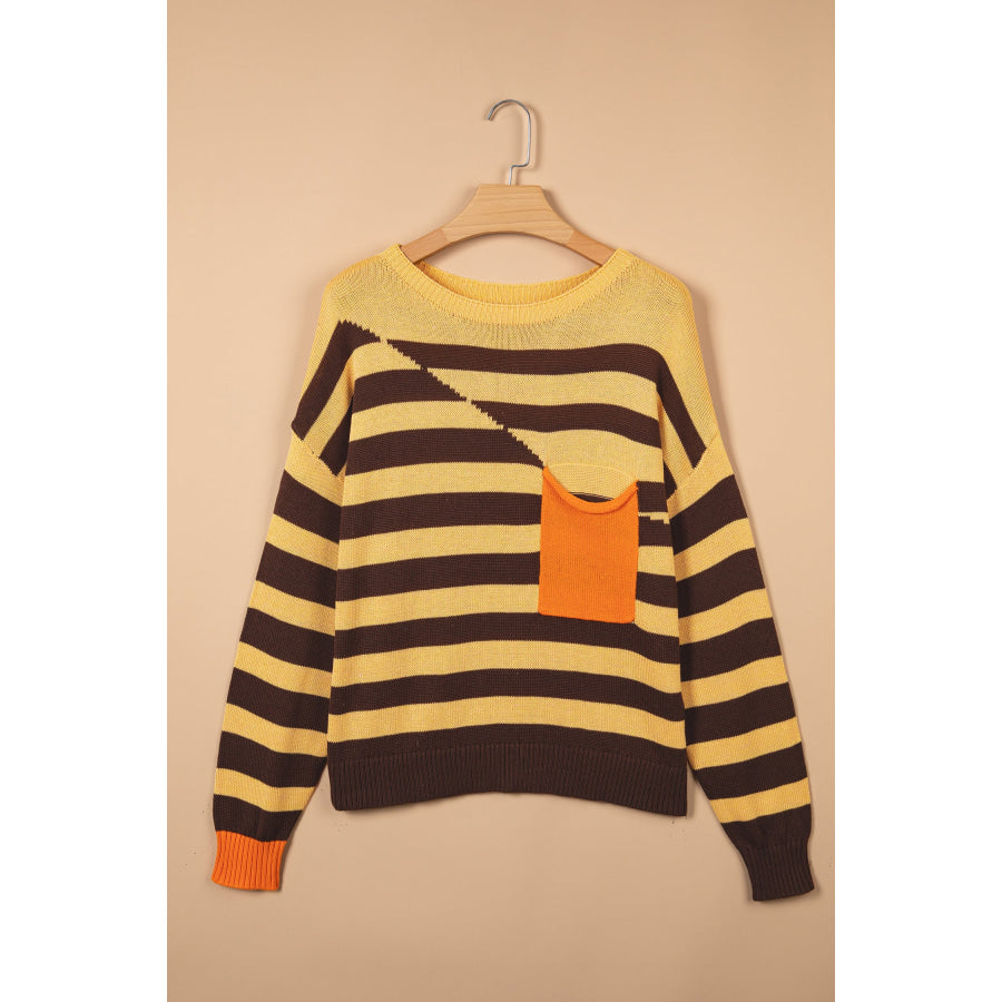 Brown Stripe Striped Drop Shoulder Colorblock Pullover Sweater Sweaters & Cardigans/Sweaters