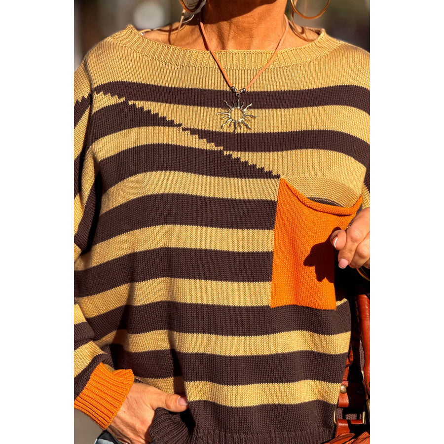 Brown Stripe Striped Drop Shoulder Colorblock Pullover Sweater Sweaters & Cardigans/Sweaters