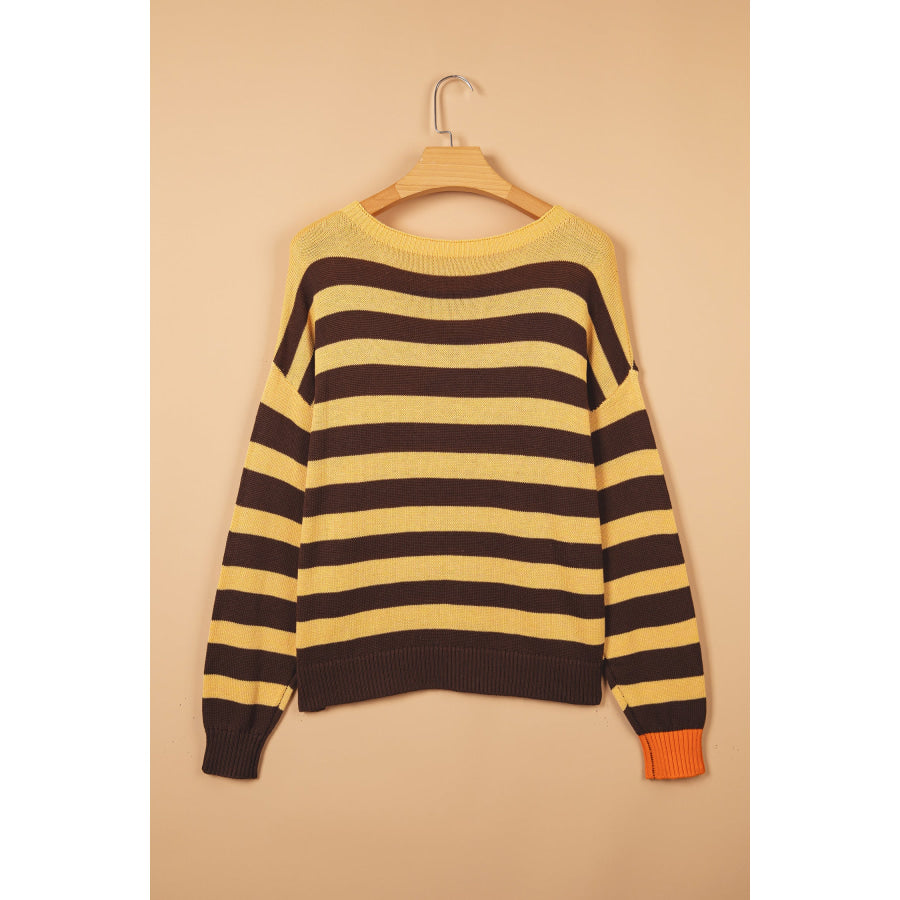 Brown Stripe Striped Drop Shoulder Colorblock Pullover Sweater Sweaters & Cardigans/Sweaters