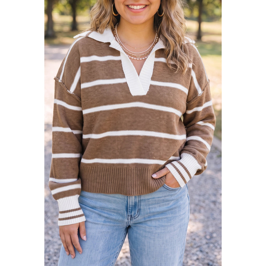 Brown Stripe Striped V Neck Long Sleeve Shift Plus Size Sweater / 1X Size/Plus Sweaters & Cardigans