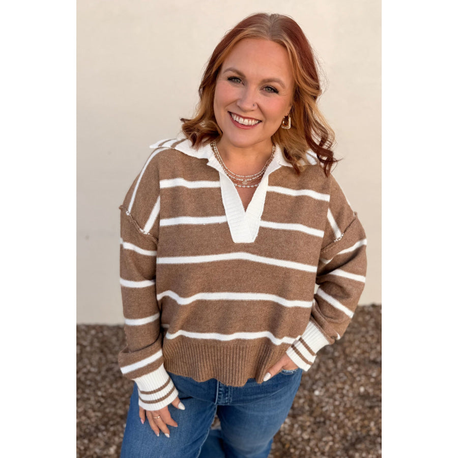 Brown Stripe Striped V Neck Long Sleeve Shift Plus Size Sweater Size/Plus Sweaters & Cardigans
