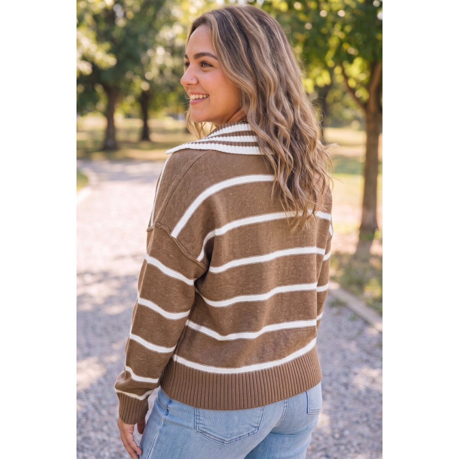 Brown Stripe Striped V Neck Long Sleeve Shift Plus Size Sweater Size/Plus Sweaters & Cardigans