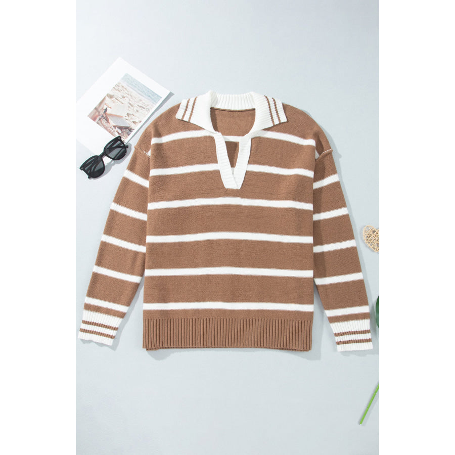 Brown Stripe Striped V Neck Long Sleeve Shift Plus Size Sweater Size/Plus Sweaters & Cardigans