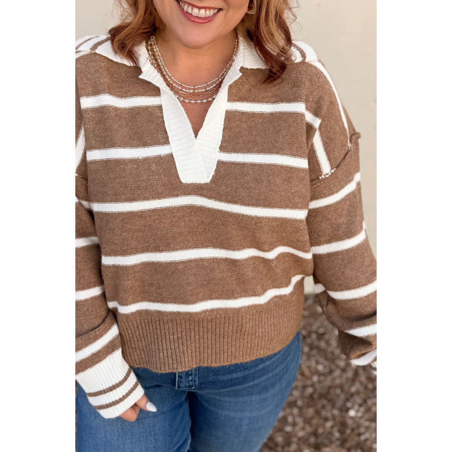 Brown Stripe Striped V Neck Long Sleeve Shift Plus Size Sweater Size/Plus Sweaters & Cardigans
