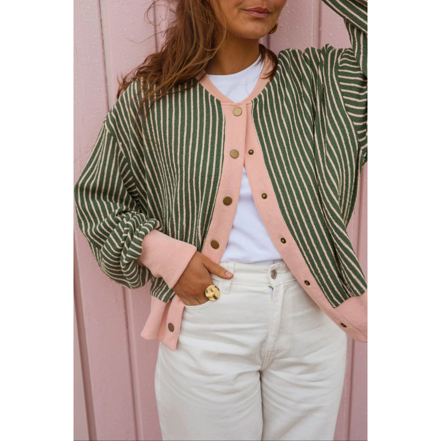 Brown Stripe Striped V Neck Patchwork Long Sleeve Regular Fit Cardigan Green / S / 95% Polyester + 5% Elastane Sweaters &