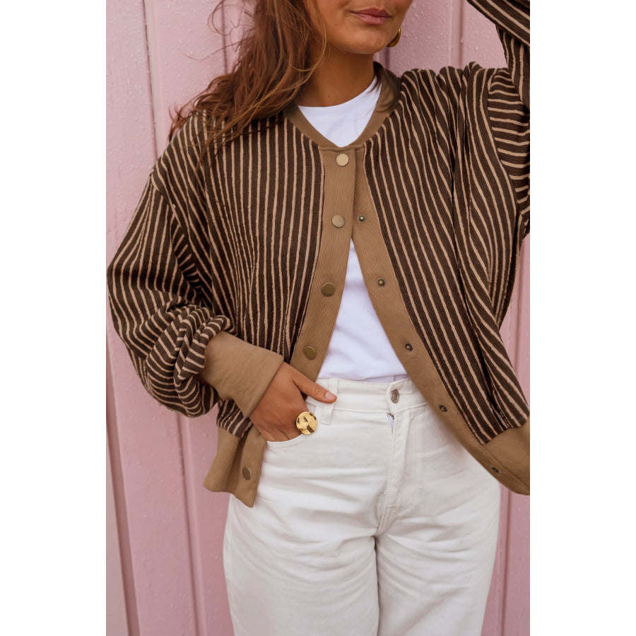 Brown Stripe Striped V Neck Patchwork Long Sleeve Regular Fit Cardigan / S / 95% Polyester + 5% Elastane Sweaters & Cardigans/Cardigans