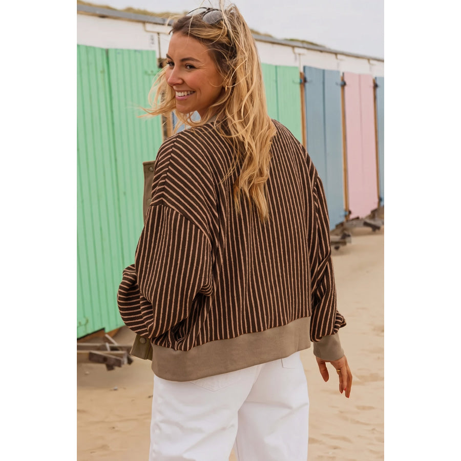 Brown Stripe Striped V Neck Patchwork Long Sleeve Regular Fit Cardigan Sweaters & Cardigans/Cardigans