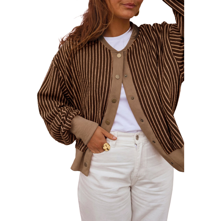 Brown Stripe Striped V Neck Patchwork Long Sleeve Regular Fit Cardigan Sweaters & Cardigans/Cardigans