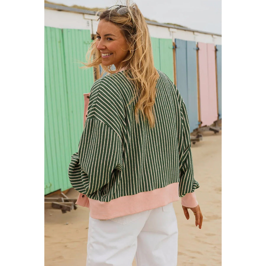 Brown Stripe Striped V Neck Patchwork Long Sleeve Regular Fit Cardigan Sweaters & Cardigans/Cardigans