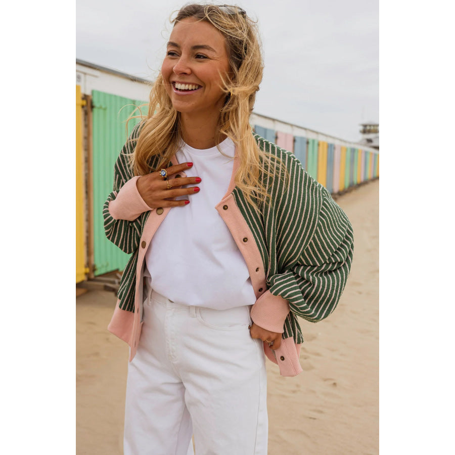Brown Stripe Striped V Neck Patchwork Long Sleeve Regular Fit Cardigan Sweaters & Cardigans/Cardigans