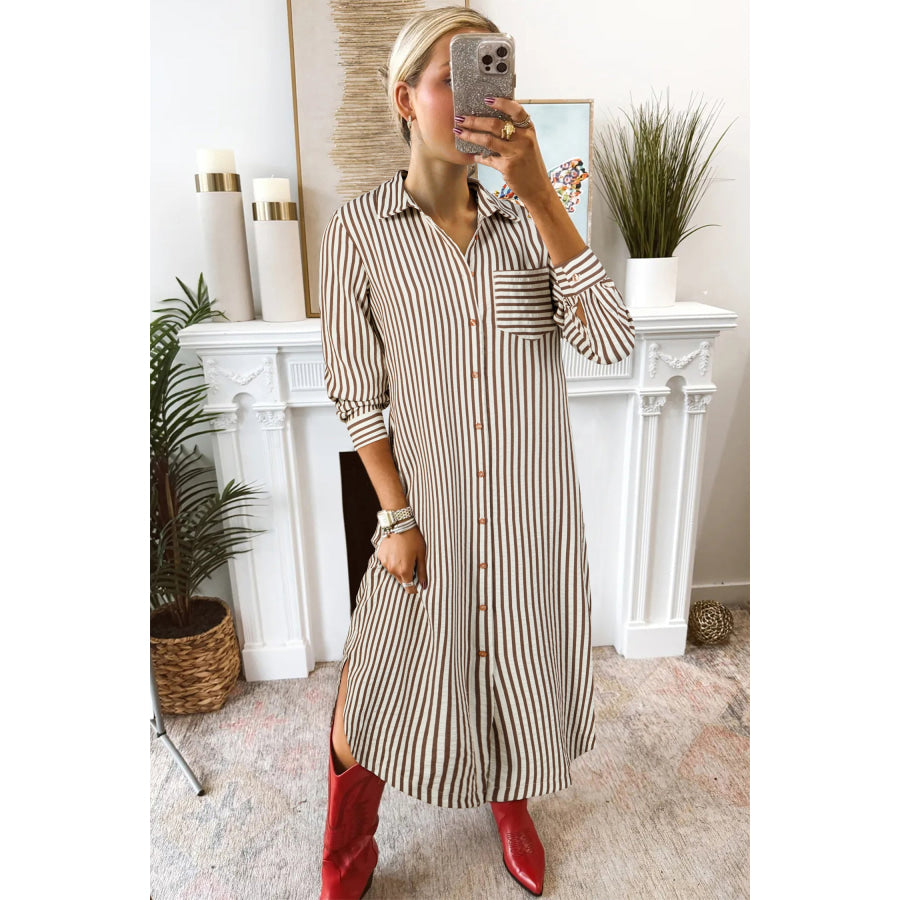Brown Stripe Textured 3/4 Sleeve Round Hem Split Midi Shirt Dress Dresses/Midi Dresses