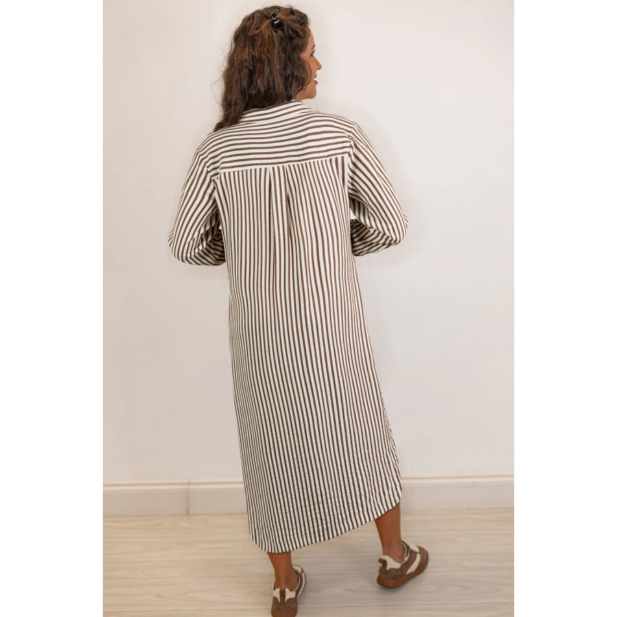 Brown Stripe Textured 3/4 Sleeve Round Hem Split Midi Shirt Dress Dresses/Midi Dresses