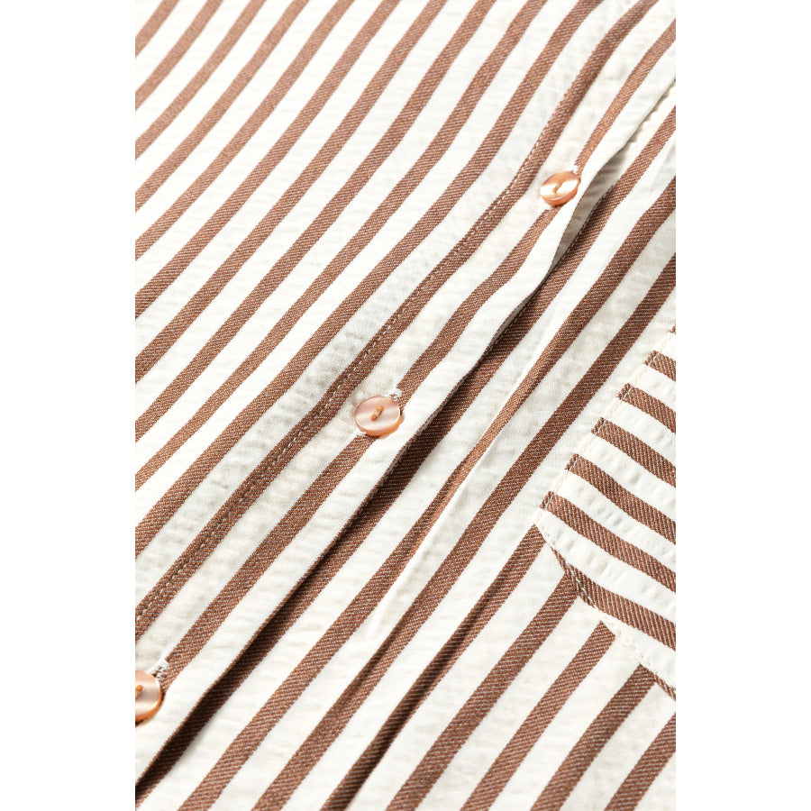 Brown Stripe Textured 3/4 Sleeve Round Hem Split Midi Shirt Dress Dresses/Midi Dresses