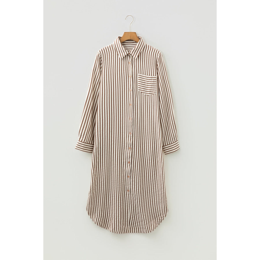 Brown Stripe Textured 3/4 Sleeve Round Hem Split Midi Shirt Dress Dresses/Midi Dresses