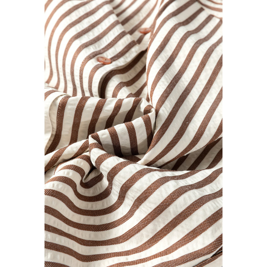 Brown Stripe Textured 3/4 Sleeve Round Hem Split Midi Shirt Dress Dresses/Midi Dresses