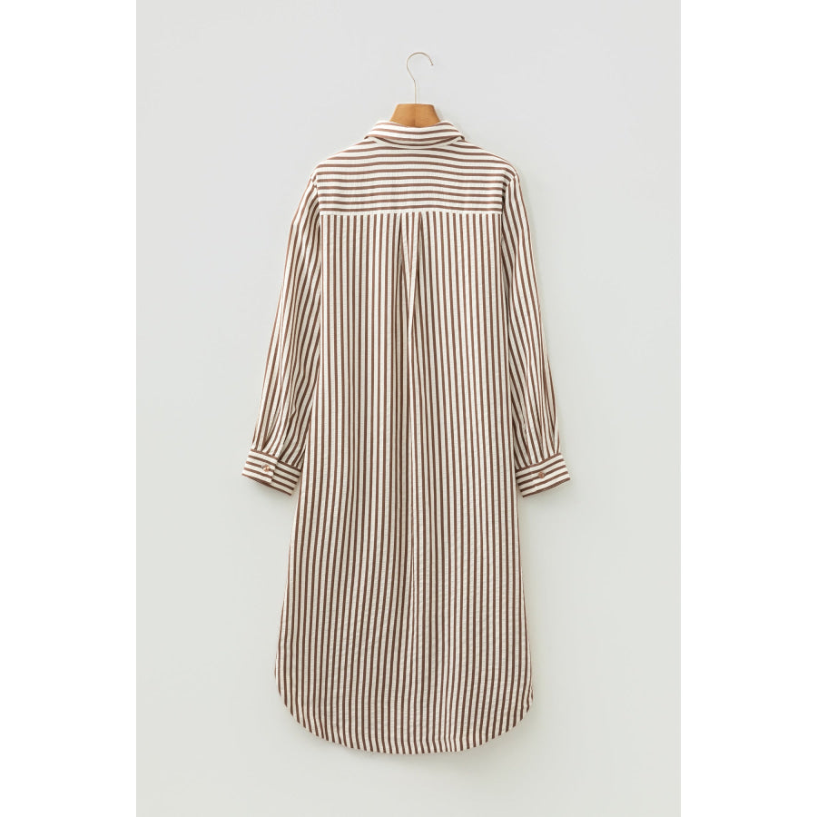 Brown Stripe Textured 3/4 Sleeve Round Hem Split Midi Shirt Dress Dresses/Midi Dresses