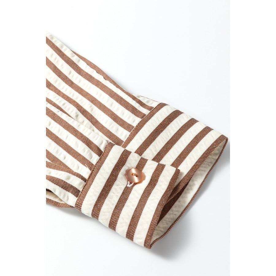 Brown Stripe Textured 3/4 Sleeve Round Hem Split Midi Shirt Dress Dresses/Midi Dresses